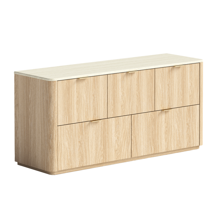 A light wood dresser with three wide handleless drawers and rounded vertical edges appears on white
