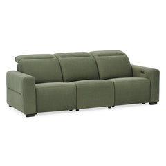 Green upholstered three-seat sofa with padded headrests and a control on the right arm.