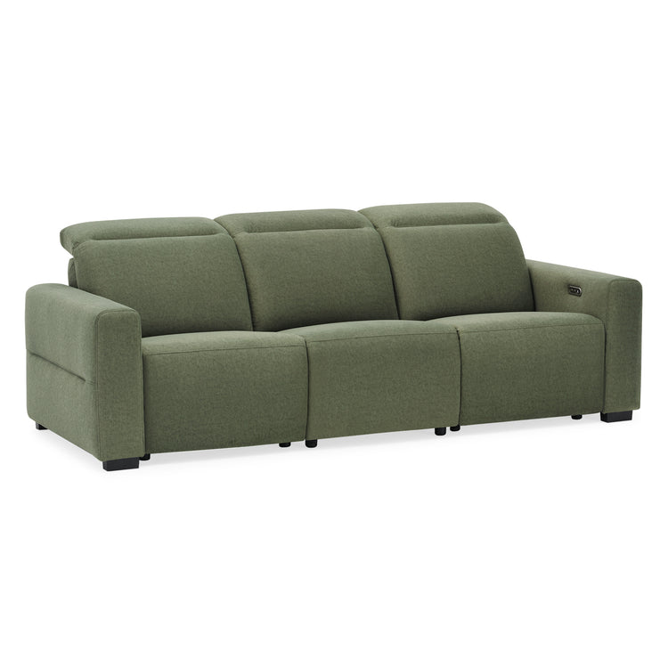 Green upholstered three-seat sofa with padded headrests and a control on the right arm.