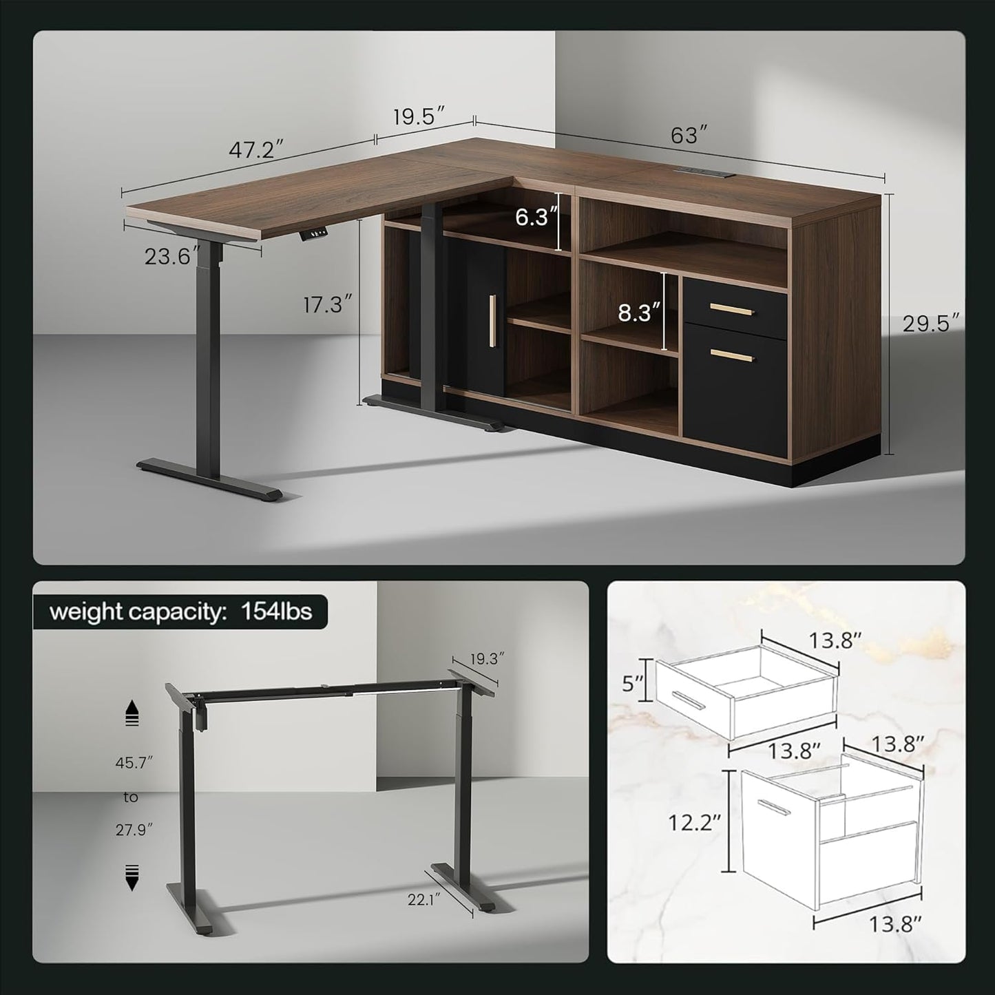 Soren 67" Height-Adjustable with Rolling Cart Executive Desk