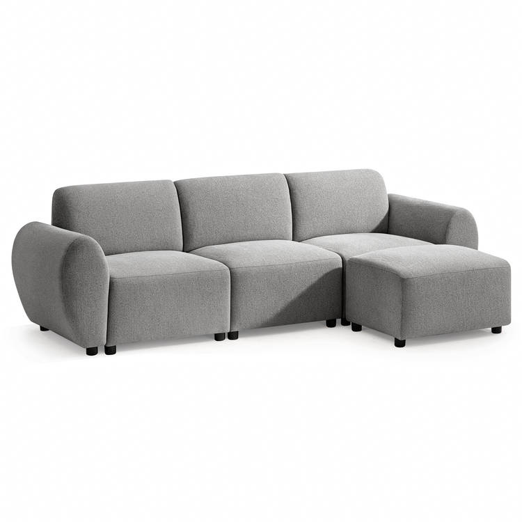 Light gray sofa with three back cushions, rounded arms, short black feet, and a matching rectangular ottoman positioned in front of the right seat.