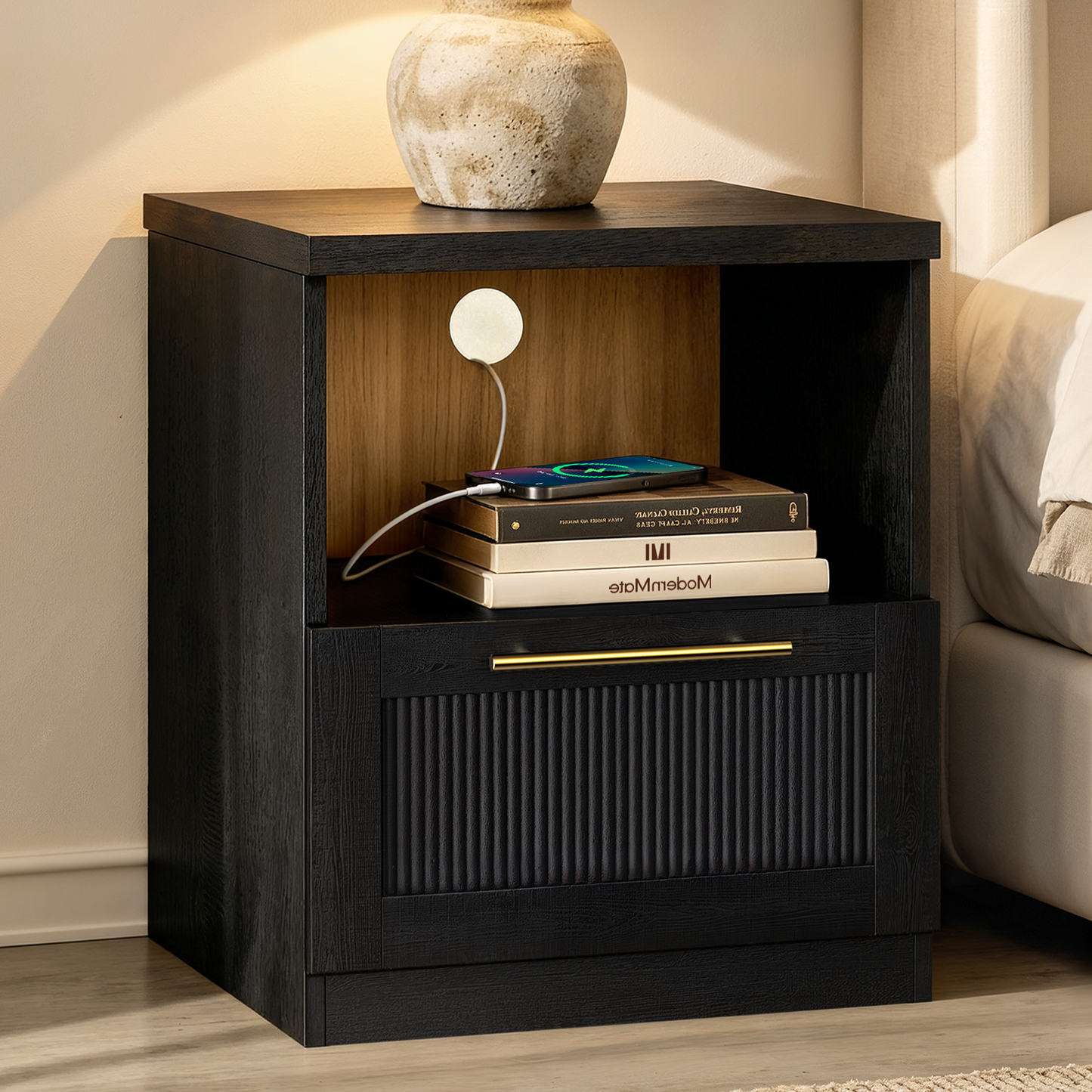 [Pre-sale] Harmo Block Black Wave-Panel Nightstand