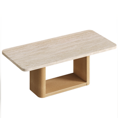 Wooden table with a light stone-look top, rounded corners, and an open shelf underneath.