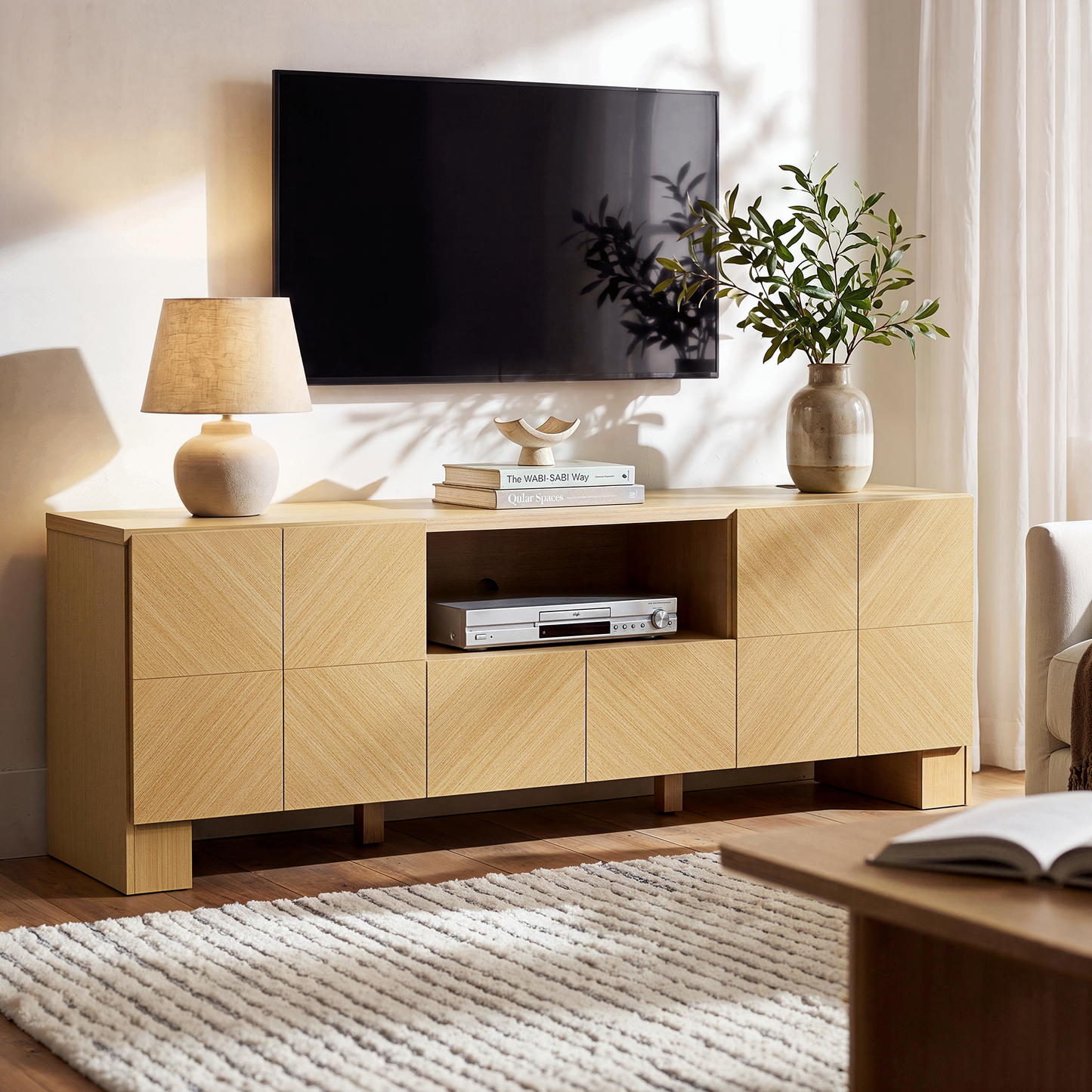 Galileo 70" Modern TV Stand with Outlet and Storage Cabinet,Natural Oak