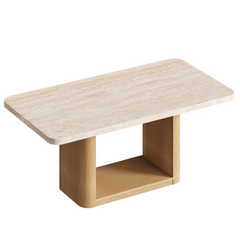 A rectangular table with a pale, textured top, two wood-toned side supports, and a lower shelf.