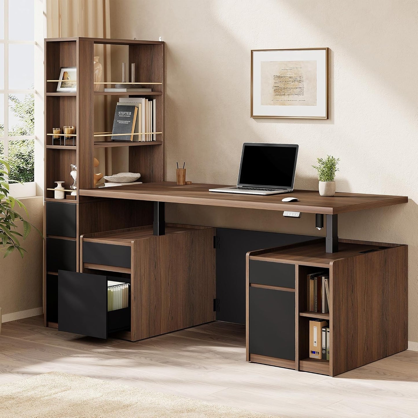 Soren 71" Black Walnut Executive Standing Desk & Bookcase Set