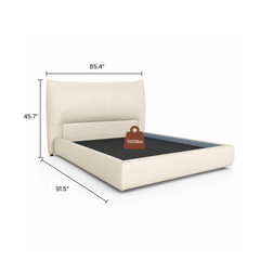 Dimension graphic showing a beige upholstered bed frame with a padded headboard.