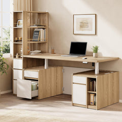 Wide desk spans between a tall shelf and two lower storage units, A laptop rests on the desktop