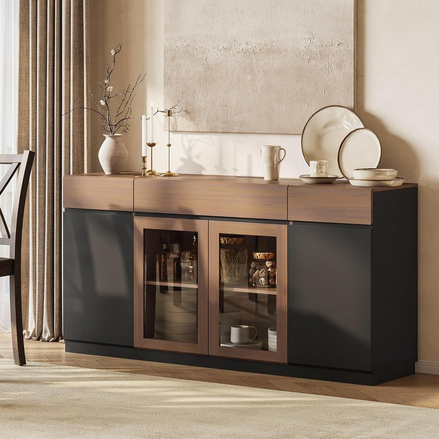 Whisper Series 60" Buffet Cabinet with LED, Glass Doors & Storage