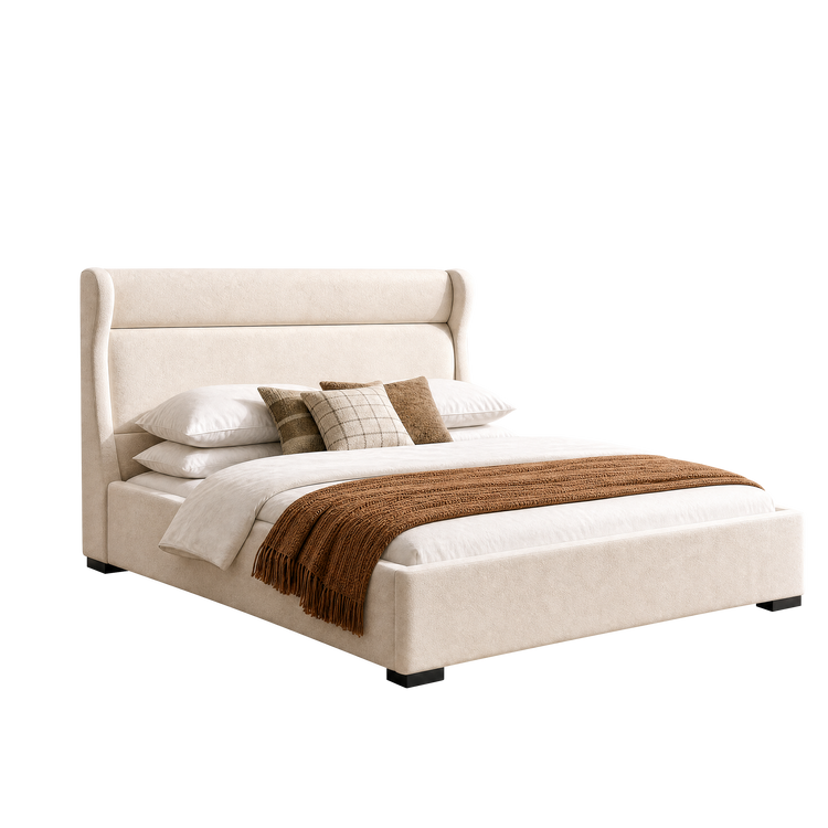 Queen Chenille Upholstered Bed with Wingback Headboard, Wood Slat Support
