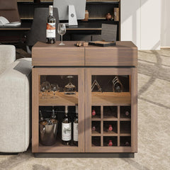 A bar cabinet has two upper drawers, two clear lower doors, a stemware shelf, and a nine-cubby bottle rack