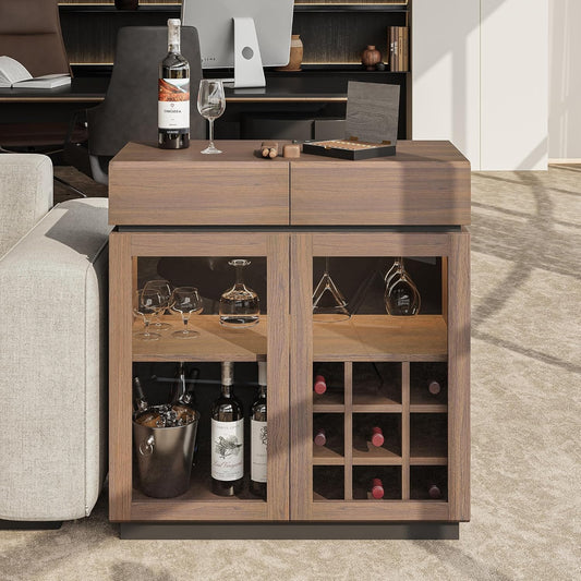 Whisper Series Coffee Bar Cabinet with LED, Charging & Wine Rack, Walnut