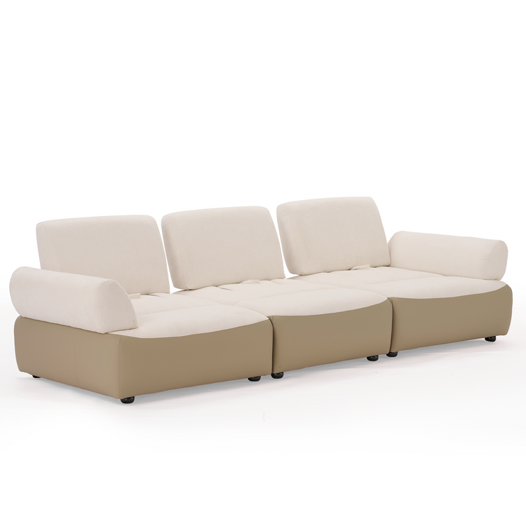 Three-seat sofa with cream cushions, tan bases, wide armrests, and black feet.