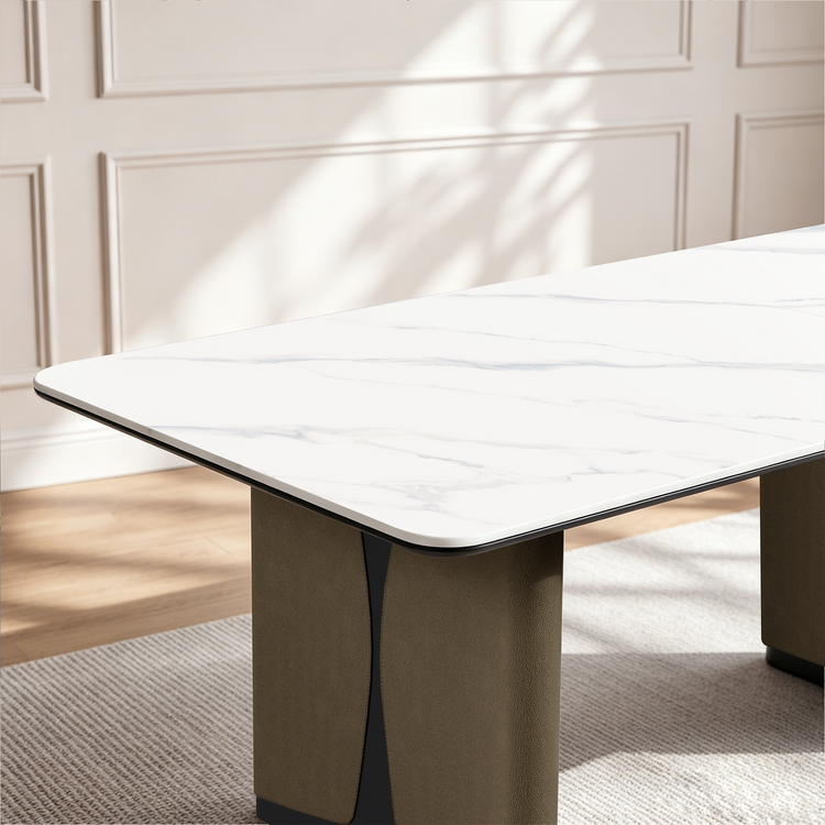 70" Glossy Sintered Stone Table, I-Shaped Base for 6-8