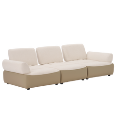 Three-seat sofa with cream cushions, rounded armrests, and a taupe base.