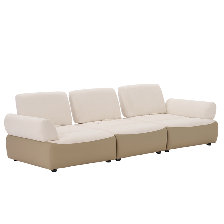 Three-seat sofa with cream cushions, rounded armrests, and a taupe base.