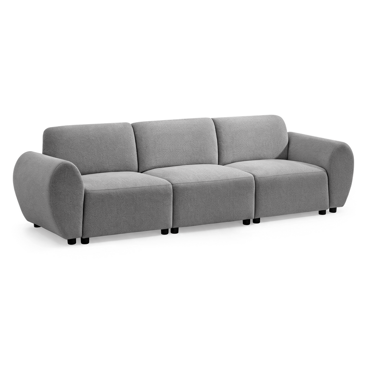 Gray three-seat sofa with three padded backrests, rounded arms, textured upholstery and short black legs, shown against a white background.
