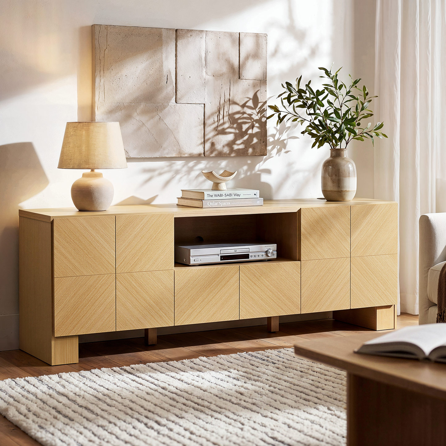 Galileo 70" Modern TV Stand with Outlet and Storage Cabinet,Natural Oak