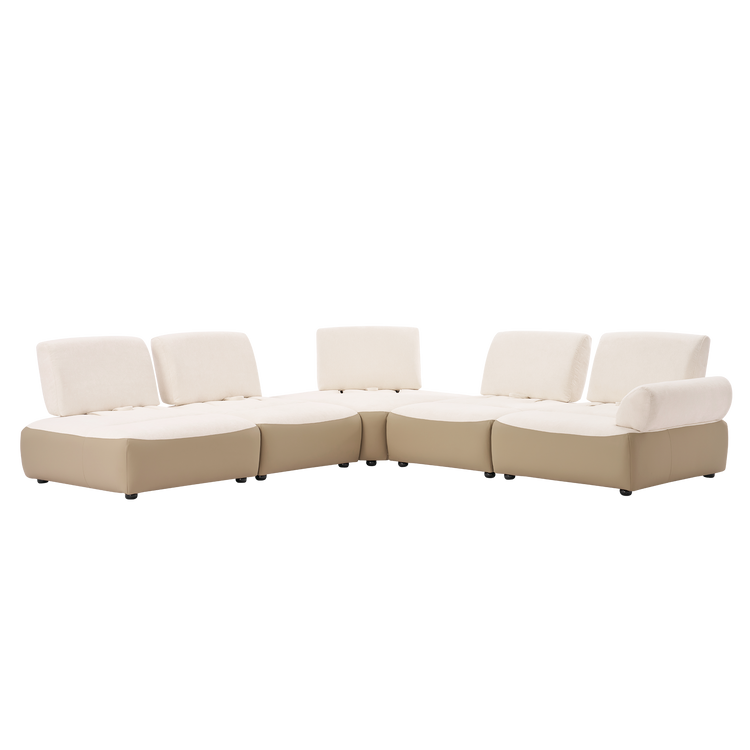 Curved modular sectional sofa with cream cushions and beige bases