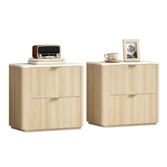 Two light wood-toned nightstands shown together