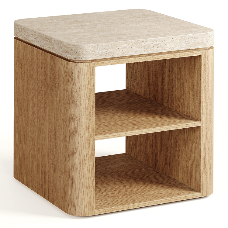 21.6 Inch Natural Travertine Bedside Table, Minimalist Oak Side Table with 2-Tier Open Storage