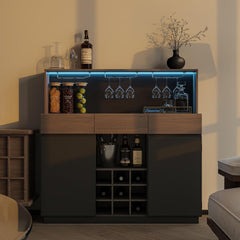 Dark bar cabinet with blue interior lighting holds bottles, hanging glasses, and a central wine rack