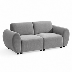 Gray two-seat sofa with textured upholstery, rounded arms, two back cushions, and short black feet, shown at an angle against a white background.