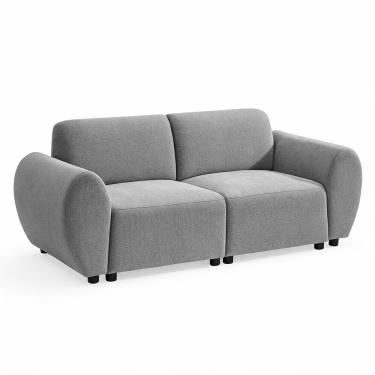 Gray two-seat sofa with textured upholstery, rounded arms, two back cushions, and short black feet, shown at an angle against a white background.