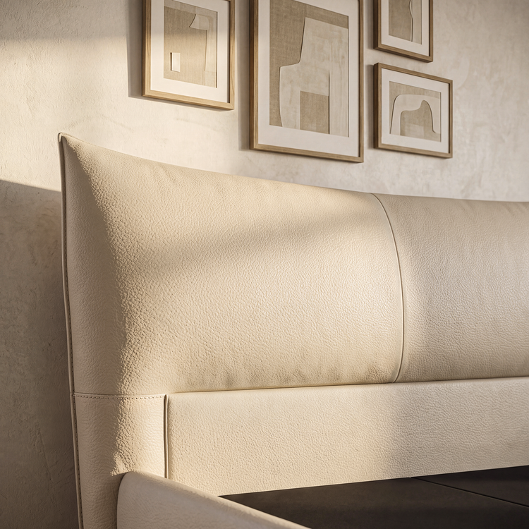 Beige Channel Tufted Upholstered Bed, Queen, Faux Leather Headboard
