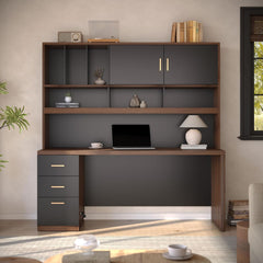 Desk with upper storage shown in a home office