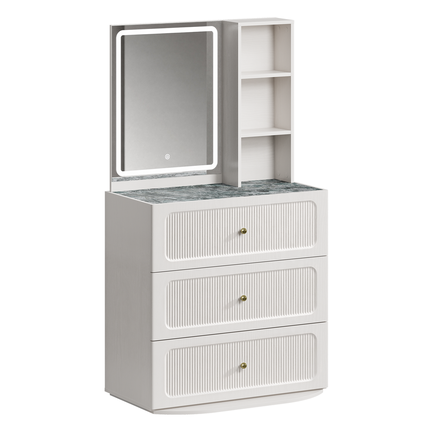FlexMod 31.5" Modular Fluted 3-Drawer Vanity Dresser with 3-Color LED Mirror & Side Shelves
