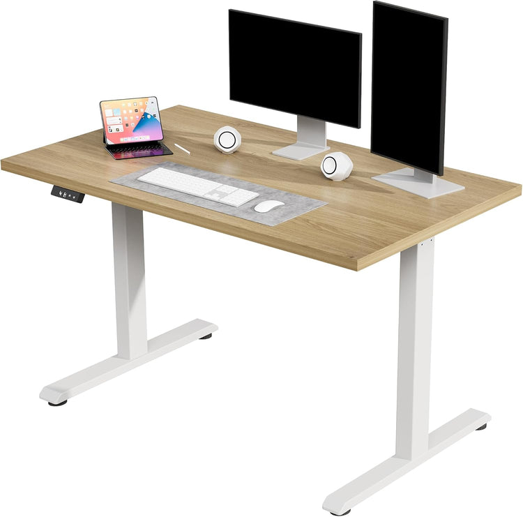 Wood-tone desktop stands on two white metal T-shaped legs