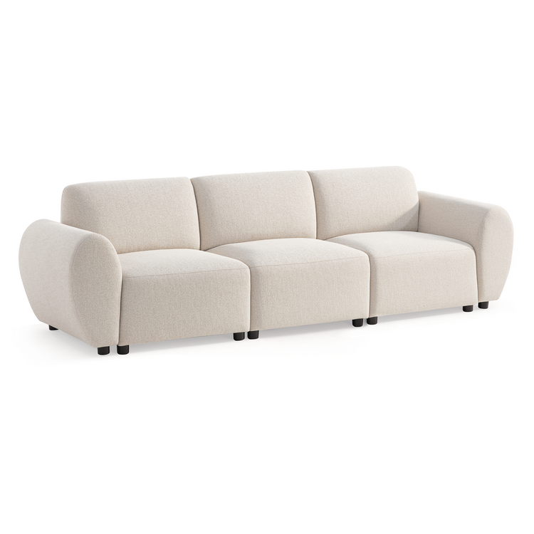 Cream-colored three-seat sofa with textured upholstery, rounded arms, three back cushions and short black feet, shown at an angle on a white background.