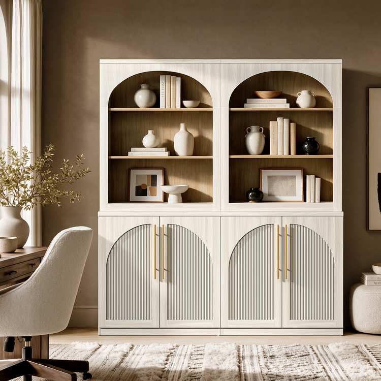 [Pre-Sale] Harmo Block 70" Arched Bookcase with Doors,  Hall Tree & Entryway Cabinet, White