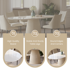 Dining table with a glossy rounded top and fluted pedestal, surrounded by upholstered chairs; three inset details show the tabletop, pedestal base, and rounded table edges.