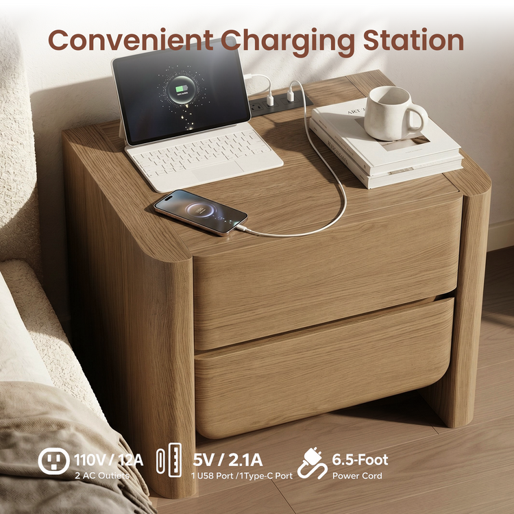 26 Inch Curved Edge Nightstands with Charging Station, Set of 2