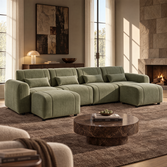 Green upholstered sofa with four matching cushions and two ottomans in a sunlit living room with a round brown coffee table, abstract wall art and a lit fireplace.