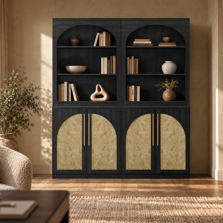 [Pre-Sale] Harmo Block 70" Arched Bookcase with Doors,  Hall Tree & Entryway Cabinet, Black&Burl Wood