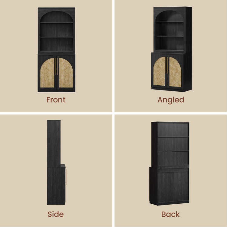 [Pre-Sale] Harmo Block 70" Arched Bookcase with Doors,  Hall Tree & Entryway Cabinet, Black&Burl Wood