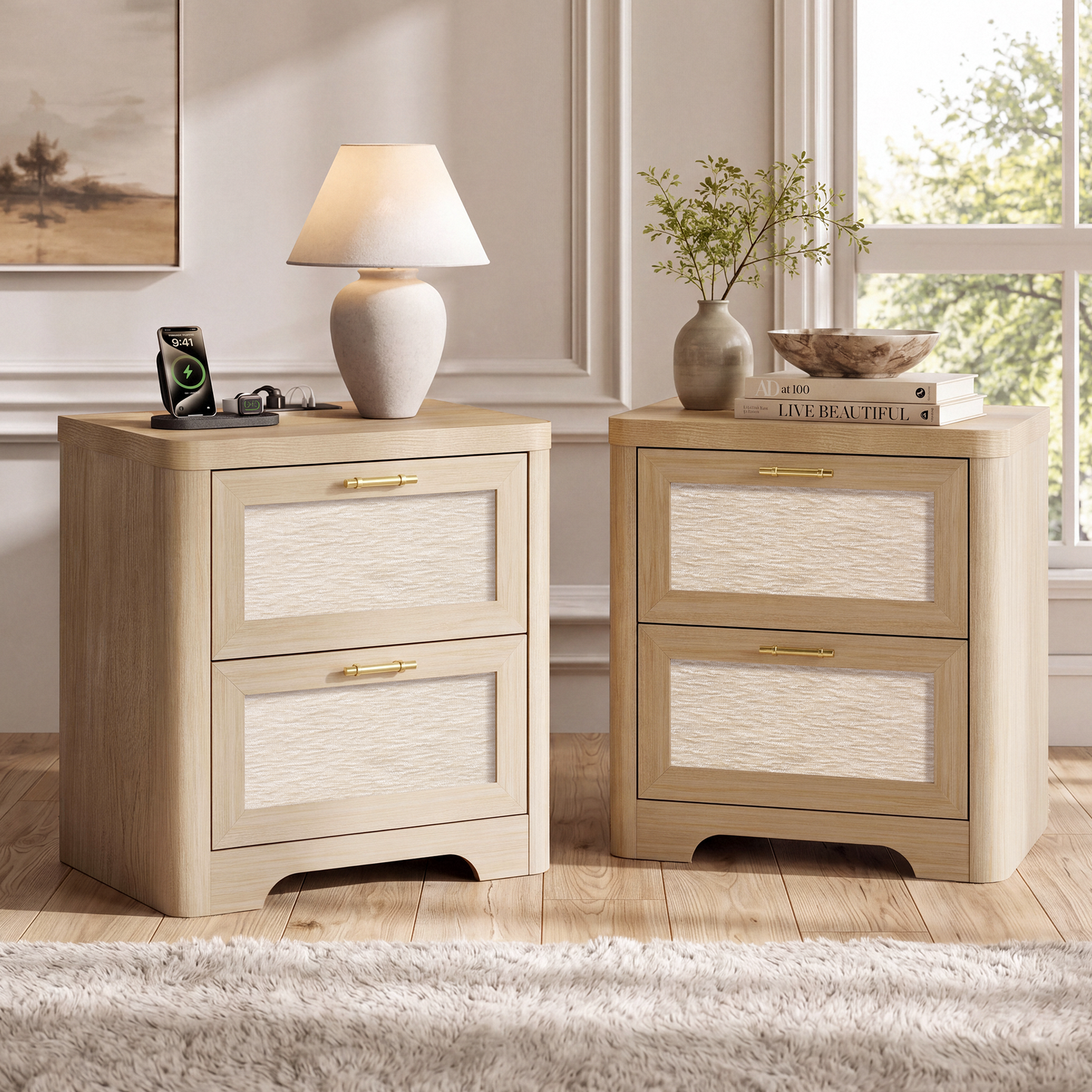 22-Inch Wide Natural Oak-Look Nightstand with Charging Station and 2 Drawers