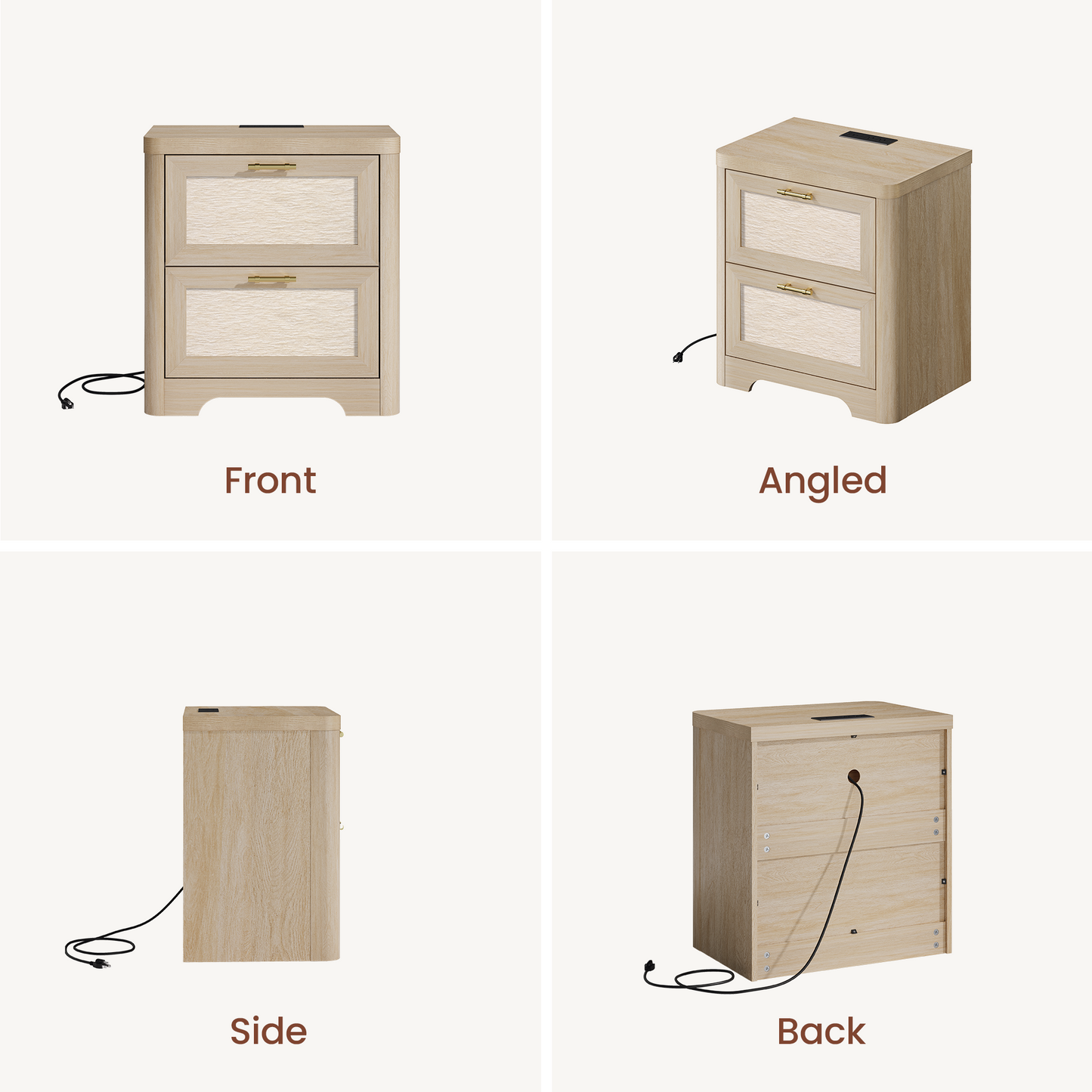 22-Inch Wide Natural Oak-Look Nightstand with Charging Station and 2 Drawers