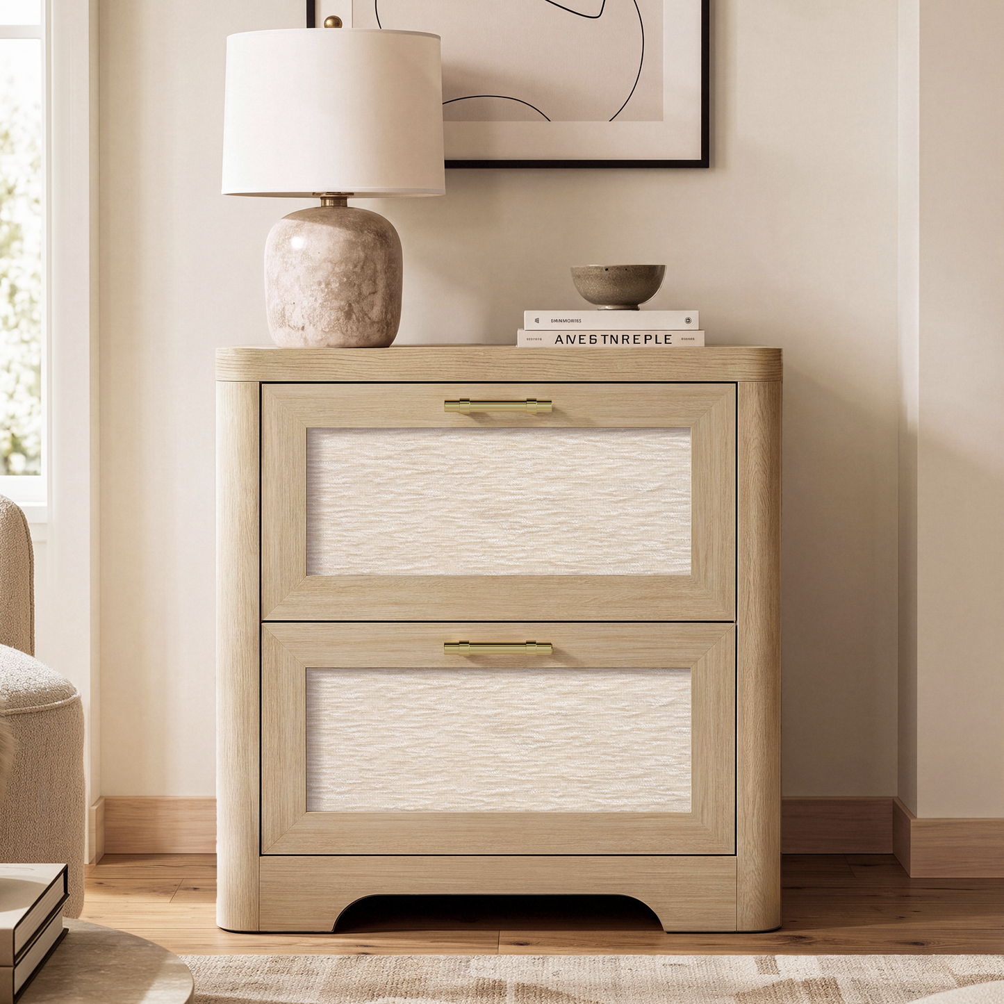 22-Inch Wide Natural Oak-Look Nightstand with Charging Station and 2 Drawers