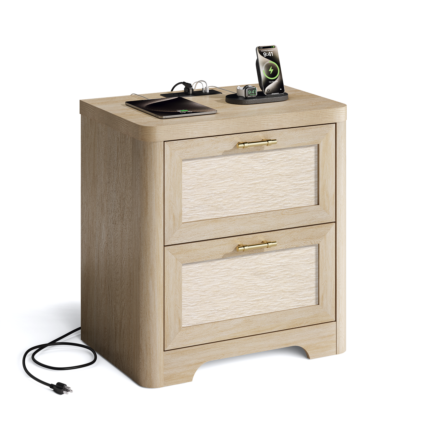 22-Inch Wide Natural Oak-Look Nightstand with Charging Station and 2 Drawers
