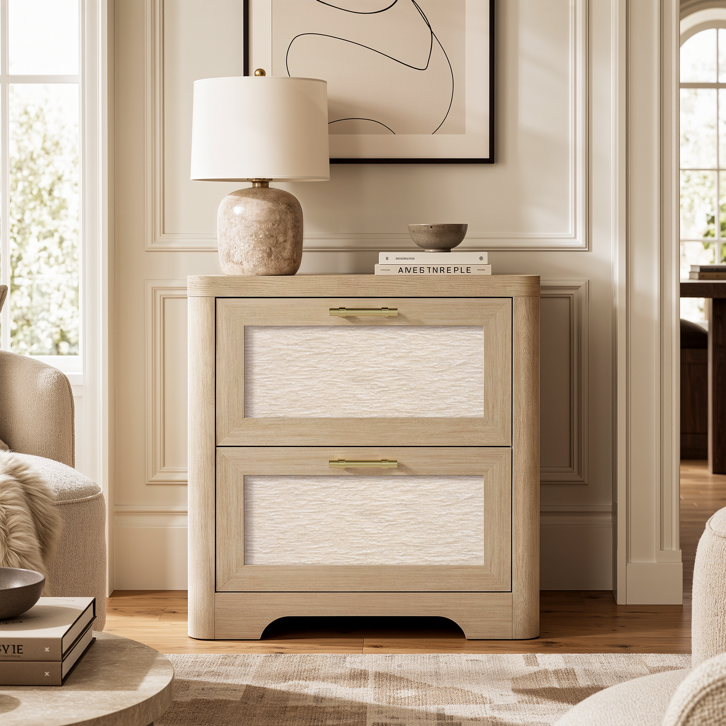 22-Inch Wide Natural Oak-Look Nightstand with Charging Station and 2 Drawers