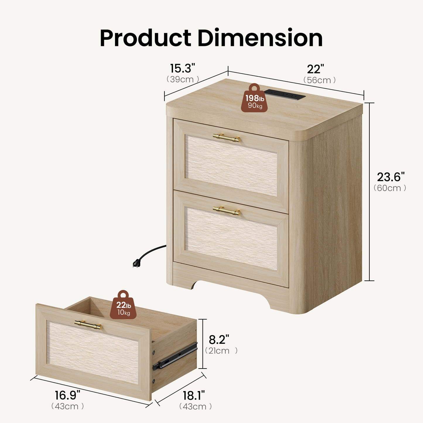 22-Inch Wide Natural Oak-Look Nightstand with Charging Station and 2 Drawers