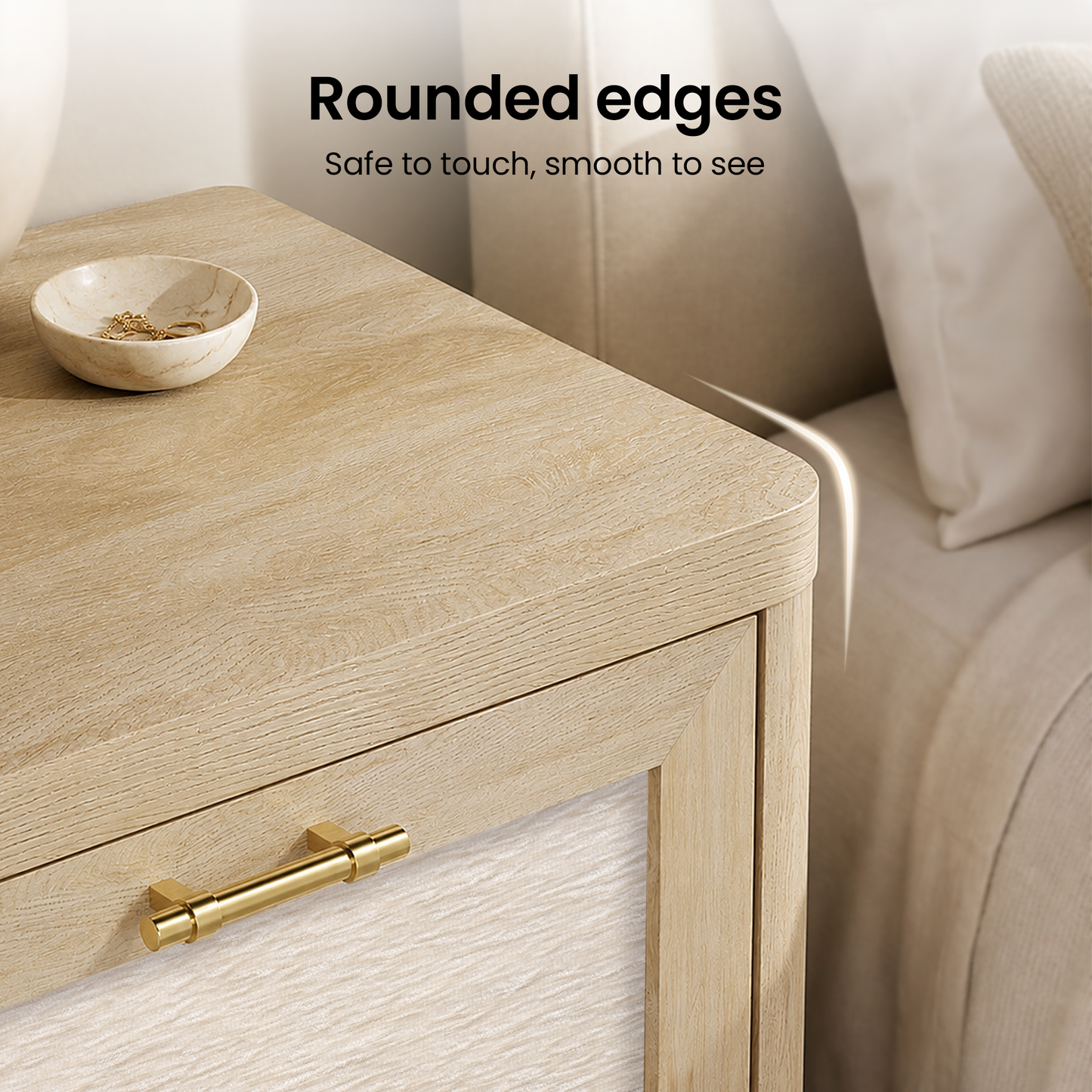 22-Inch Wide Natural Oak-Look Nightstand with Charging Station and 2 Drawers