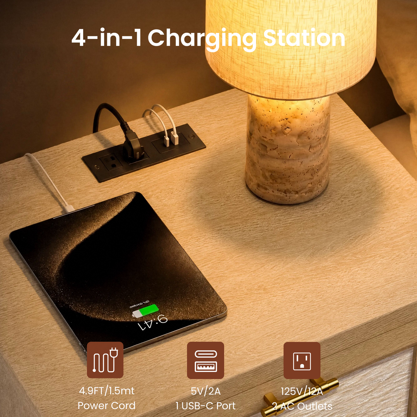22-Inch Wide Natural Oak-Look Nightstand with Charging Station and 2 Drawers