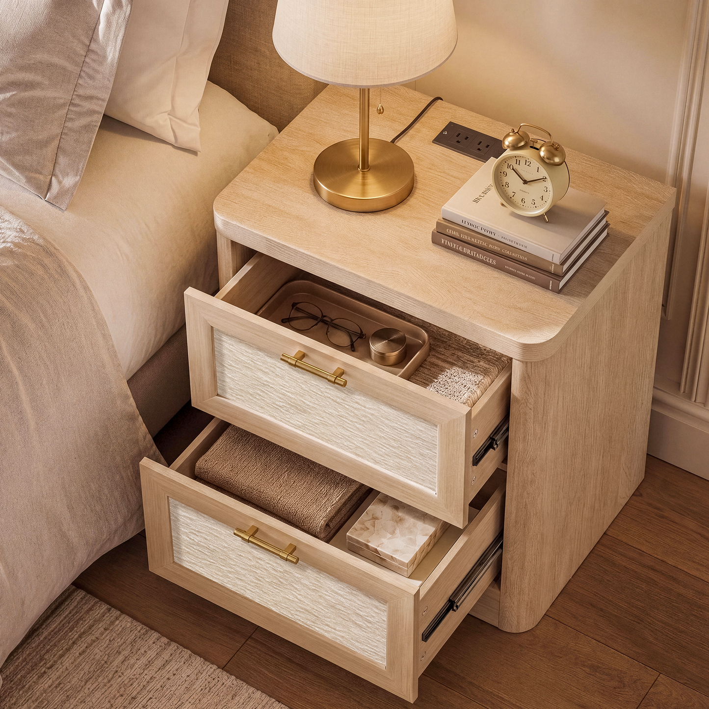 22-Inch Wide Natural Oak-Look Nightstand with Charging Station and 2 Drawers