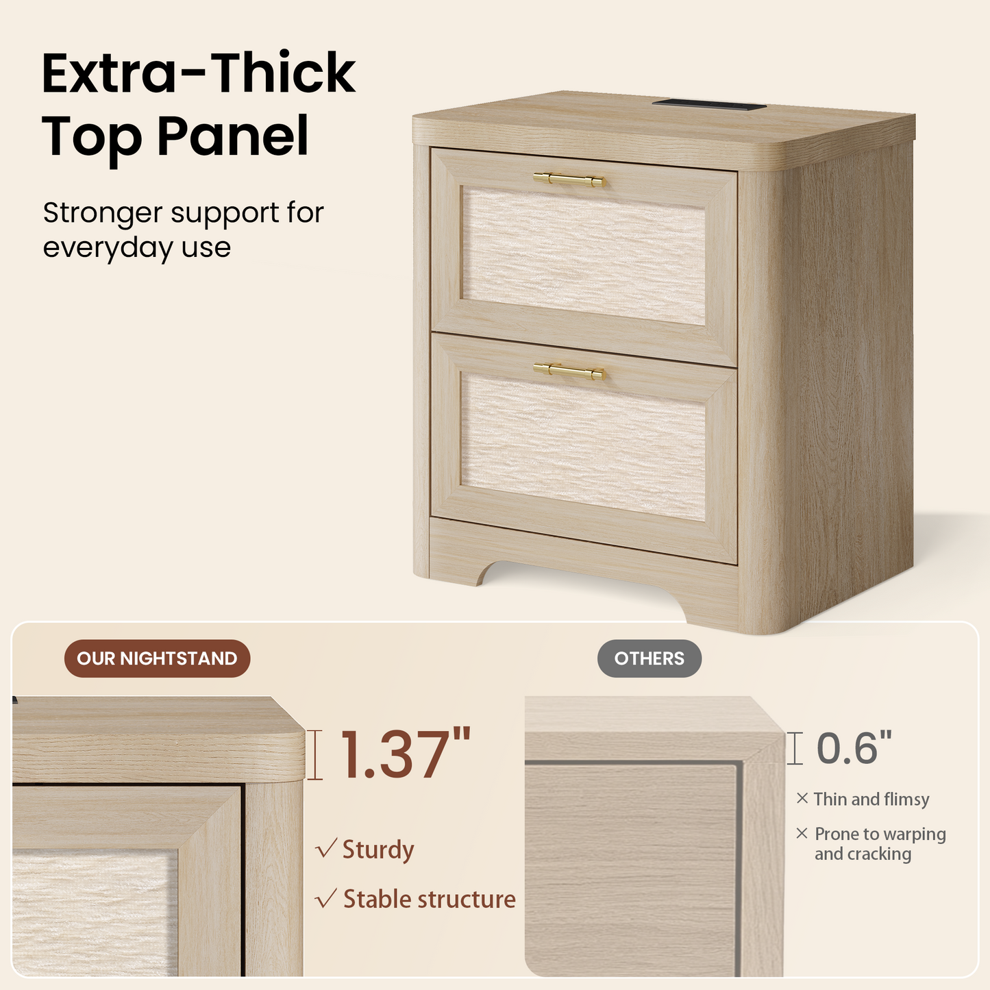 22-Inch Wide Natural Oak-Look Nightstand with Charging Station and 2 Drawers