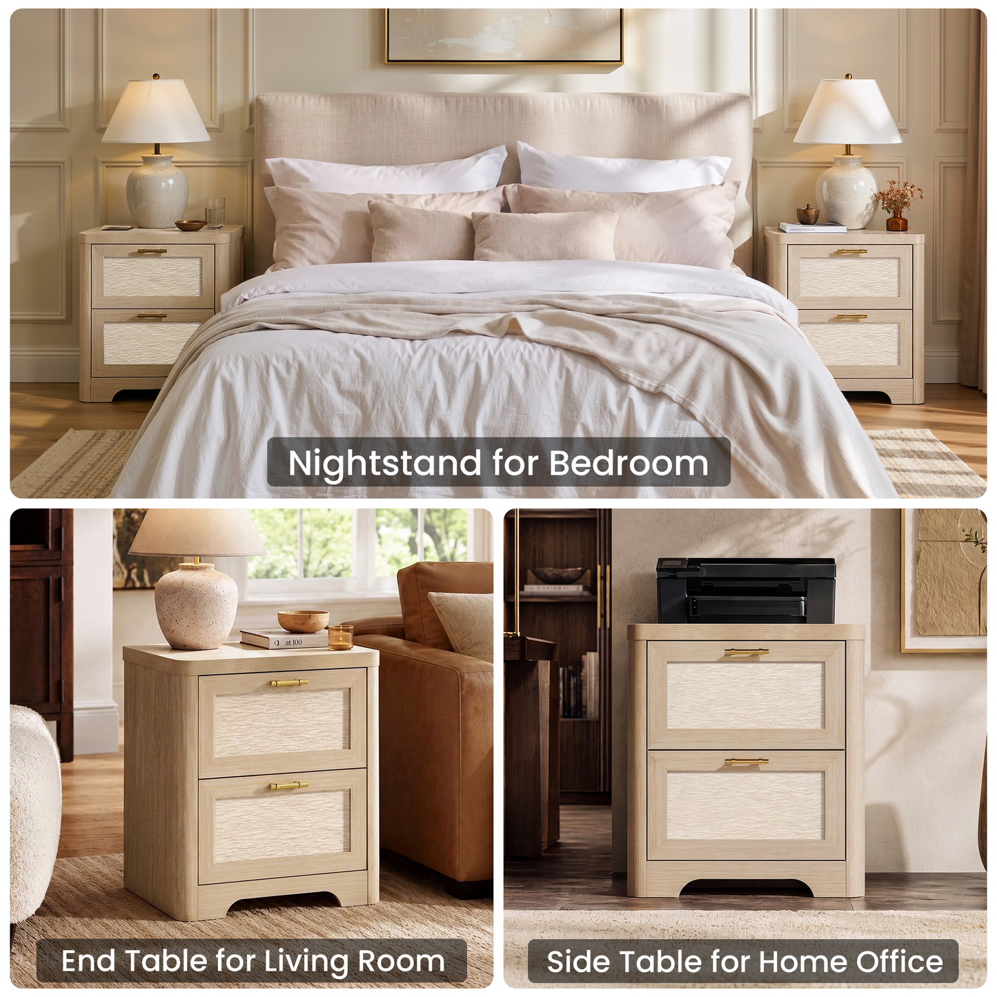 22-Inch Wide Natural Oak-Look Nightstand with Charging Station and 2 Drawers